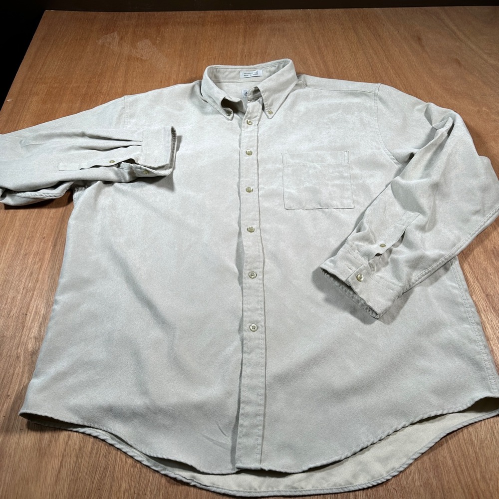 Alfani Button Down Shirt Mens XL Tan Faux Suede Long Sleeve Heavy Weight Pocket